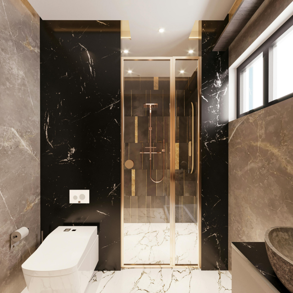 Jaquar Bathroom Fittings displayed in a modern bathroom with premium taps, shower, wash basin, and accessories.